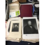 A LARGE QUANTITY OF VINTAGE ENGAVINGS, A STAMP ALBUM, ETC