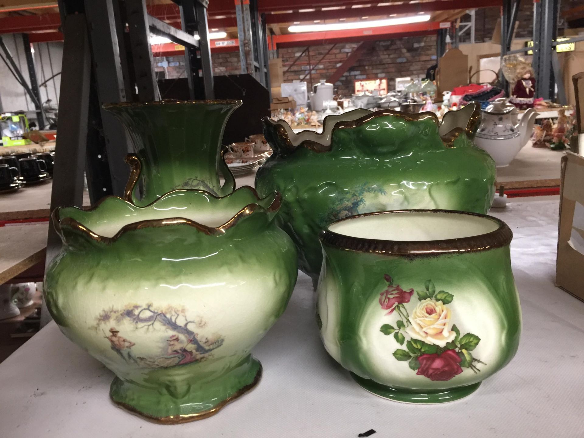 A GROUP OF FOUR VINTAGE POTTERY ITEMS, TWO PLANTERS, VASE AND A POT