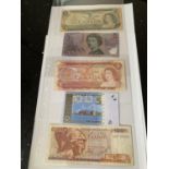 FIVE VARIOUS NOTES TO INCLUDE A 1973 CANADIAN DOLLAR, A 1974 CANADIAN TWO DOLLAR, AN AUSTRALIAN FIVE