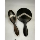 TWO VINTAGE EBONY EFFECT WOODEN DRESSING TABLE ITEMS WITH HALLMARKED SILVER BANDING