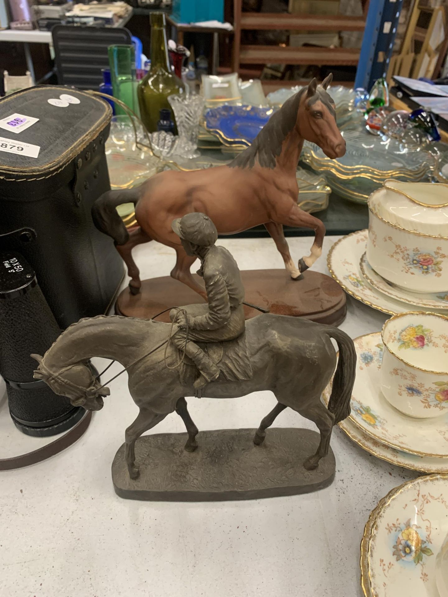 TWO HORSE RELATED ITEMS - RESIN HORSE AND JOCKEY AND A SPIRIT OF THE WIND EXAMPLE ON WOODEN PLINTH