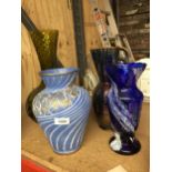 TWO LARGE COLOURED GLASS VASES PLUS TWO LARGE CERAMIC VASES