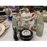 A QUANTITY OF CERAMIC ITEMS TO INCLUDE LEONARDO COUNTRY FOLK, LIMOGES TRINKET BOX, VINTAGE BOTTLES