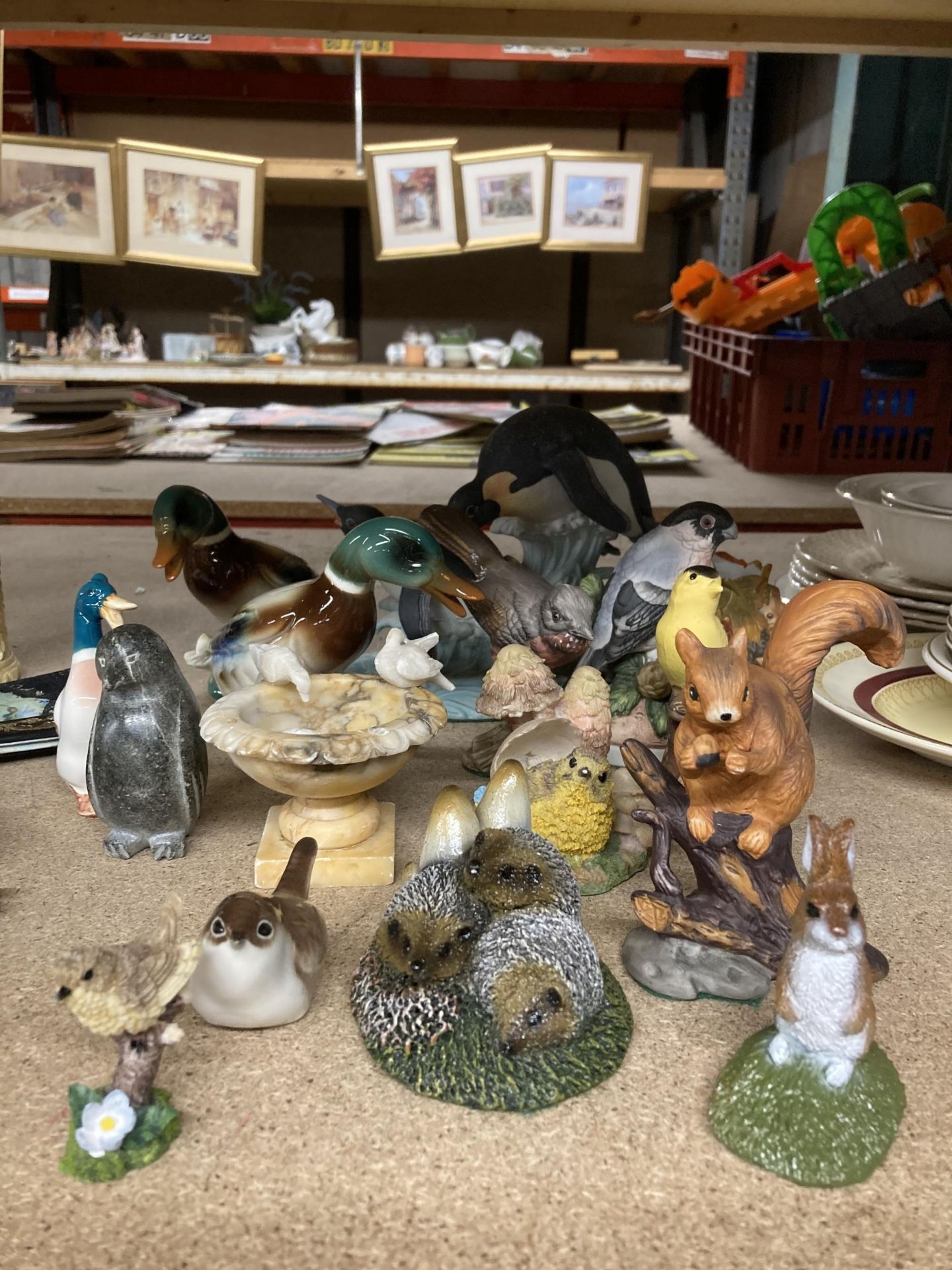 A GROUP OF ANIMAL FIGURES, DUCKS, BIRDS ETC