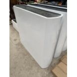 A TALL WHITE FIBRE GLASS TROUGH PLANTER (H:120CM W:133CM D:35CM)