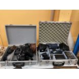 TWO CASES CONTAINING ASSORTED CAMERAS AND ACCESSORIES, CANON, SONY CAM CORDER ETC