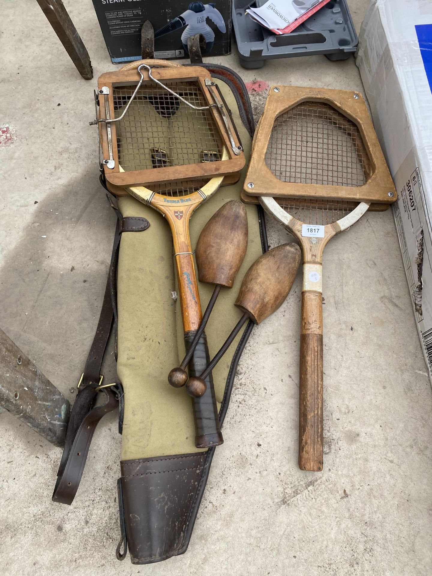 AN ASSORTMENT OF ITEMS TO INCLUDE TWO TENNIS RACKETS AND TWO GUN CASES ETC