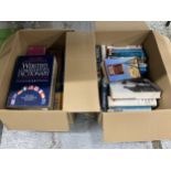 TWO BOXES OF ASSORTED BOOKS, WEBSTERS DICTIONARY ETC