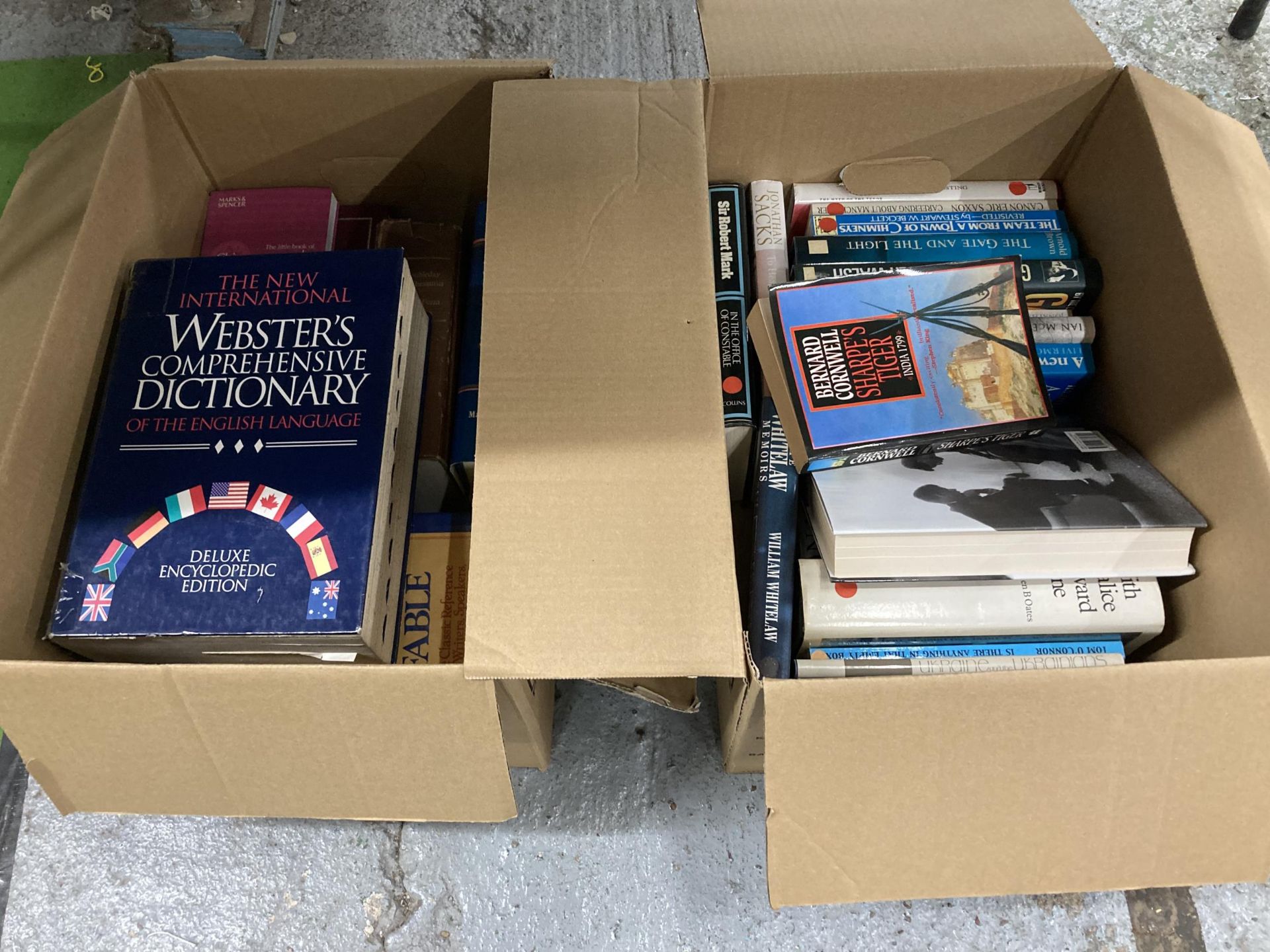 TWO BOXES OF ASSORTED BOOKS, WEBSTERS DICTIONARY ETC