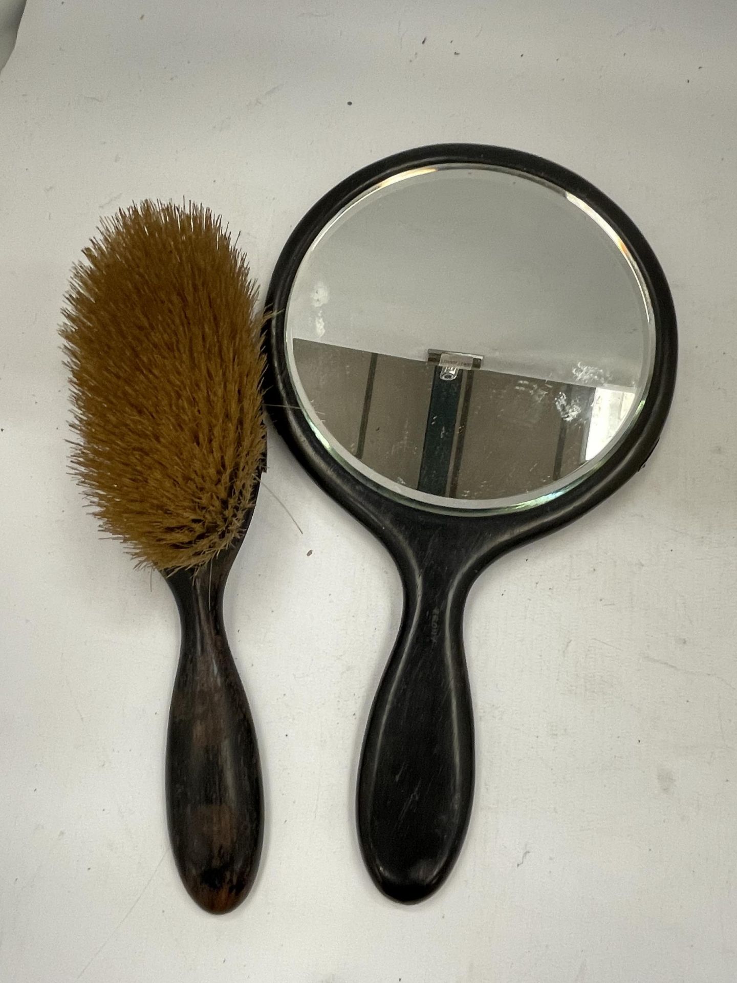 TWO VINTAGE EBONY EFFECT WOODEN DRESSING TABLE ITEMS WITH HALLMARKED SILVER BANDING - Image 2 of 3