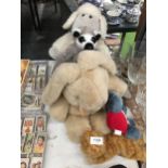 A QUANTITY OF CUDDLY TOYS TO INCLUDE A SHEEP, RABBIT, CAT, ETC.,