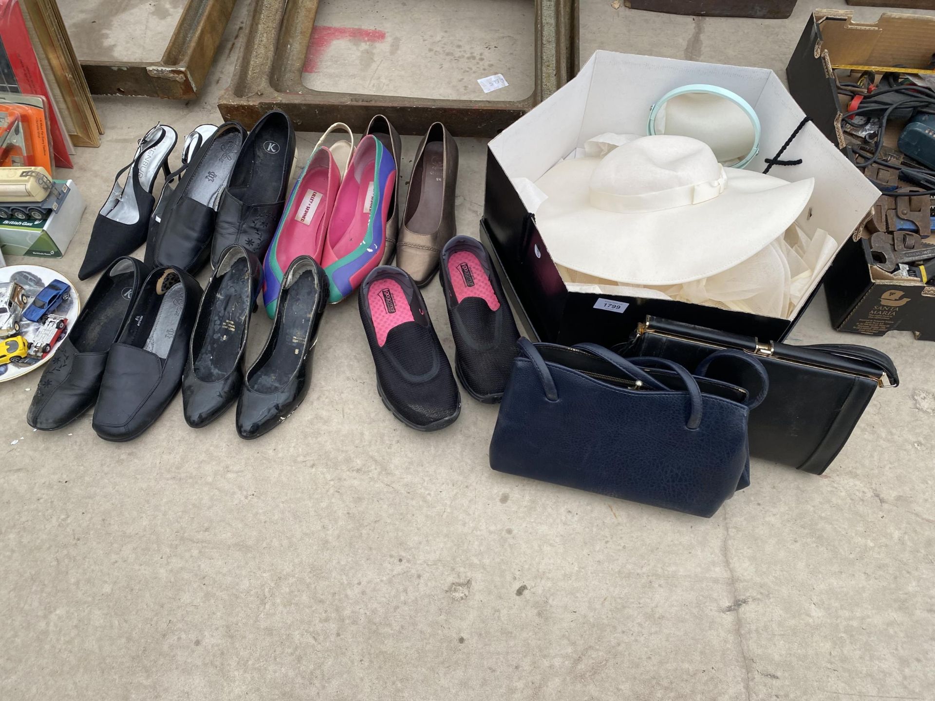 AN ASSORTMENT OF LADIES SHOES, BAGS AND A HAT