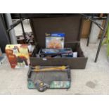 AN ASSORTMENT OF TOOLS AND A TOOL BOX TO INCLUDE A SPRAY GUN AND DIAMOND CUTTING DISCS ETC