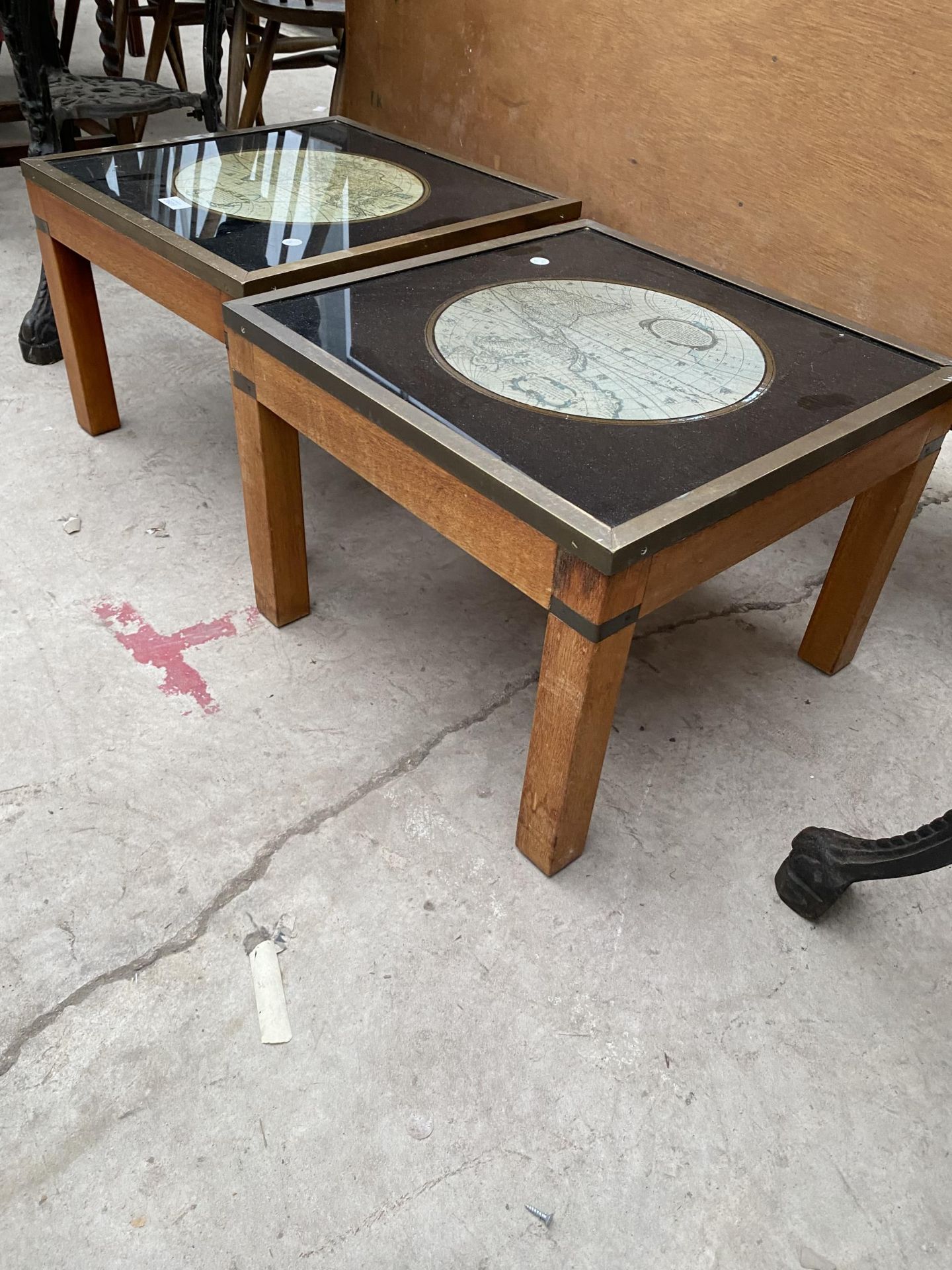 A PAIR OF LOW LAMP TABLES, THE TOPS INSET WITH WORLD MAPS, 18" SQUARE, WITH BRASS EDGES - Image 2 of 3