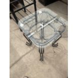 AN 18" SQUARE GLASS TOP LAMP TABLE ON SHAPED METALWARE BASE
