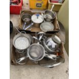 A LARGE QUANTITY OF STAINLESS STEEL KITCHEN ITEMS TO INCLUDE PANS AND SIEVES ETC