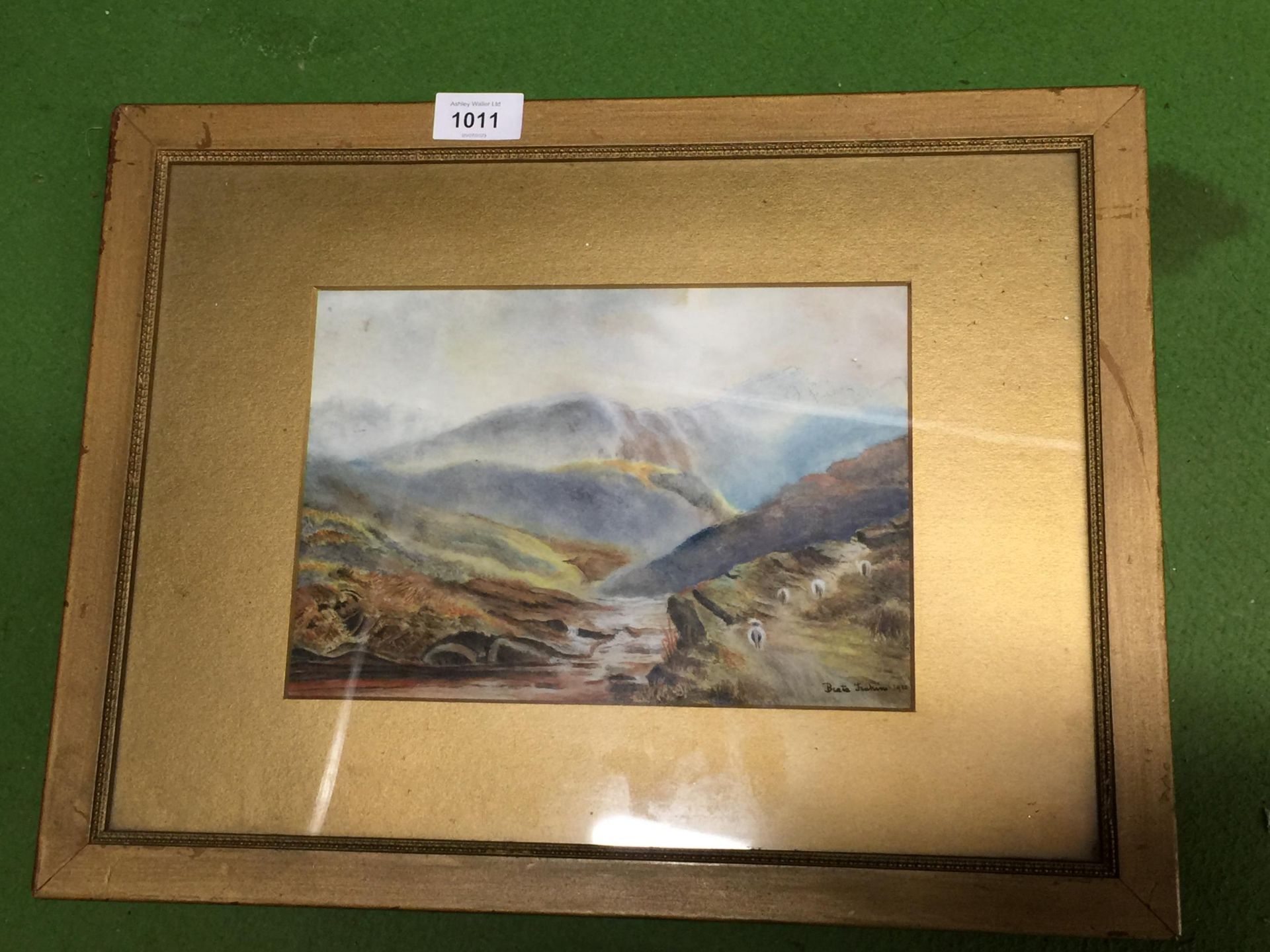 A QUANLITY FRAMED WATERCOLOUR 'SHEEP IN THE HILLS' SIGNED B JENKINS 1910