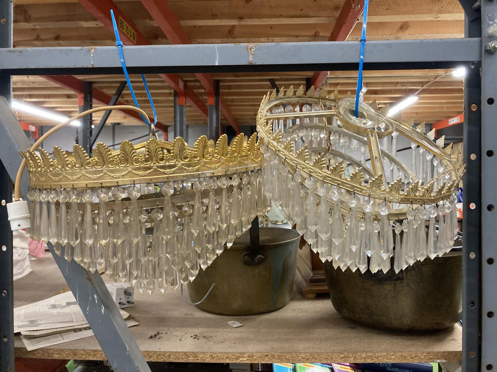A PAIR OF VINTAGE GILT METAL AND GLASS CHANDELIER LIGHTS
