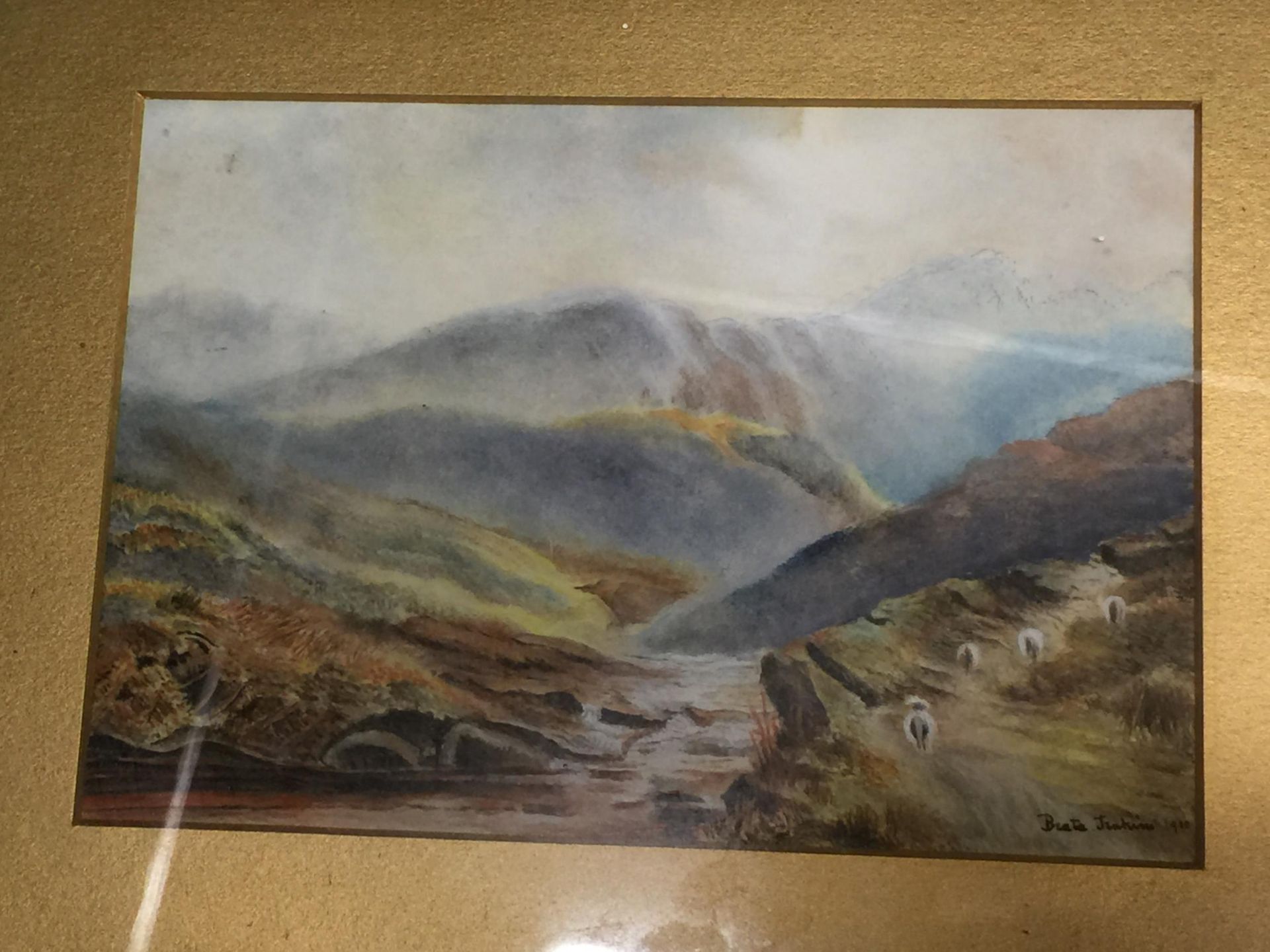 A QUANLITY FRAMED WATERCOLOUR 'SHEEP IN THE HILLS' SIGNED B JENKINS 1910 - Image 2 of 3