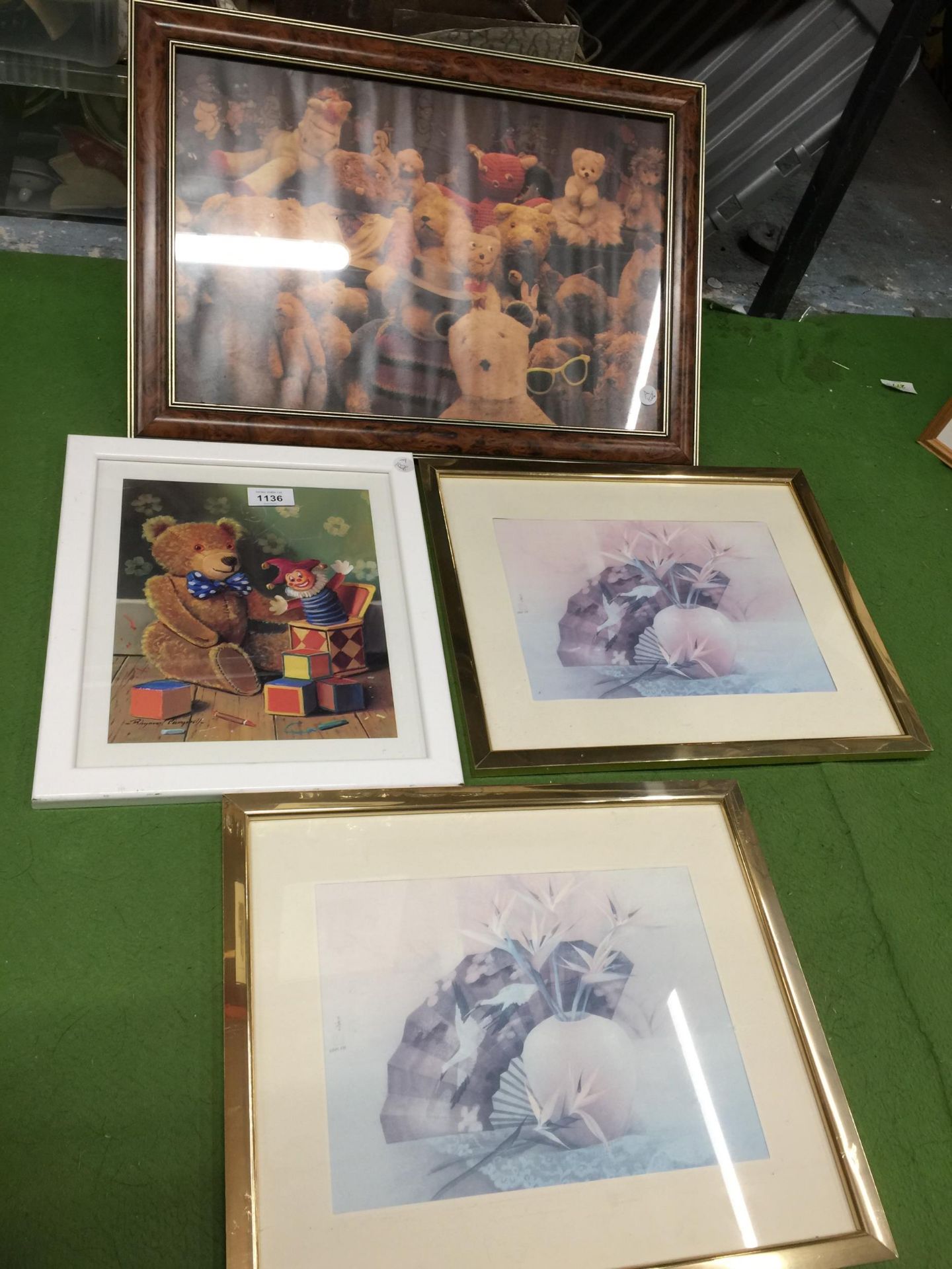 A GROUP OF FOUR FRAMED PRINTS TO INCLUDE TEDDY AND FLORAL EXAMPLES