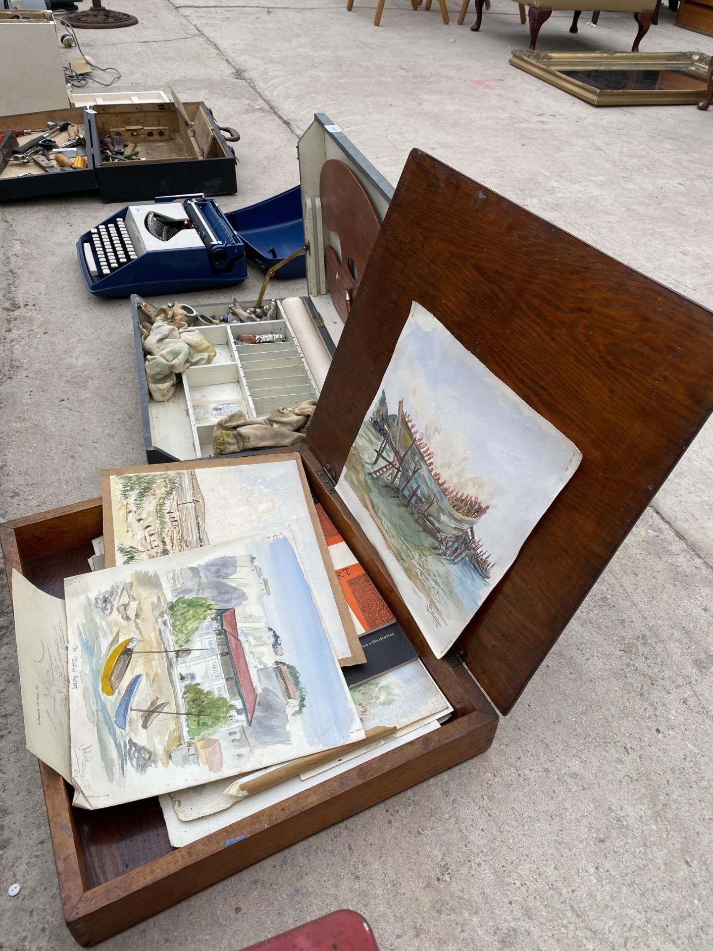 TWO WOODEN CASES CONTAINING ARTIST ITEMS TO INCLUDE PAINTS AND PICTURES ETC - Image 2 of 4