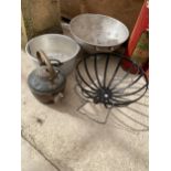AN ASSORTMENT OF ITEMS TO INCLUDE A COPPER KETTLE, HANGING BASKET AND A JAM PAN ETC