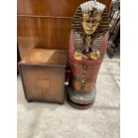 A SMALL STORAGE CUPBOARD IN THE FORM OF AN EGYPTIAN MUMMY, 27" HIGH AND SMALL OAK COAL BOX WITH