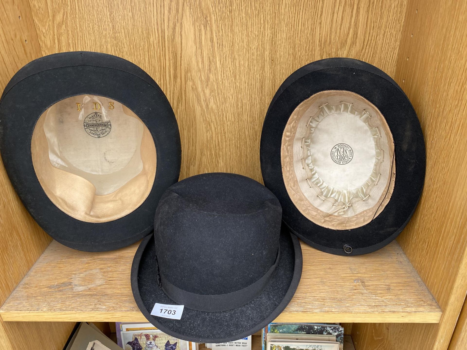 TWO VINTAGE BOWLER HATS AND A VINTAGE TOP HAT BEARING THE NAME CUNNINGHAM & CO