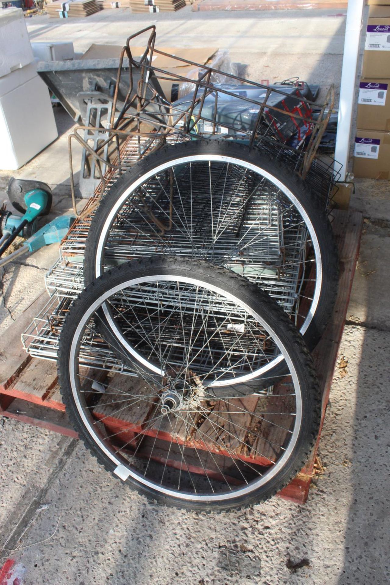 FOUR DOG CAGES & TWO BIKE WHEELS - PLUS VAT