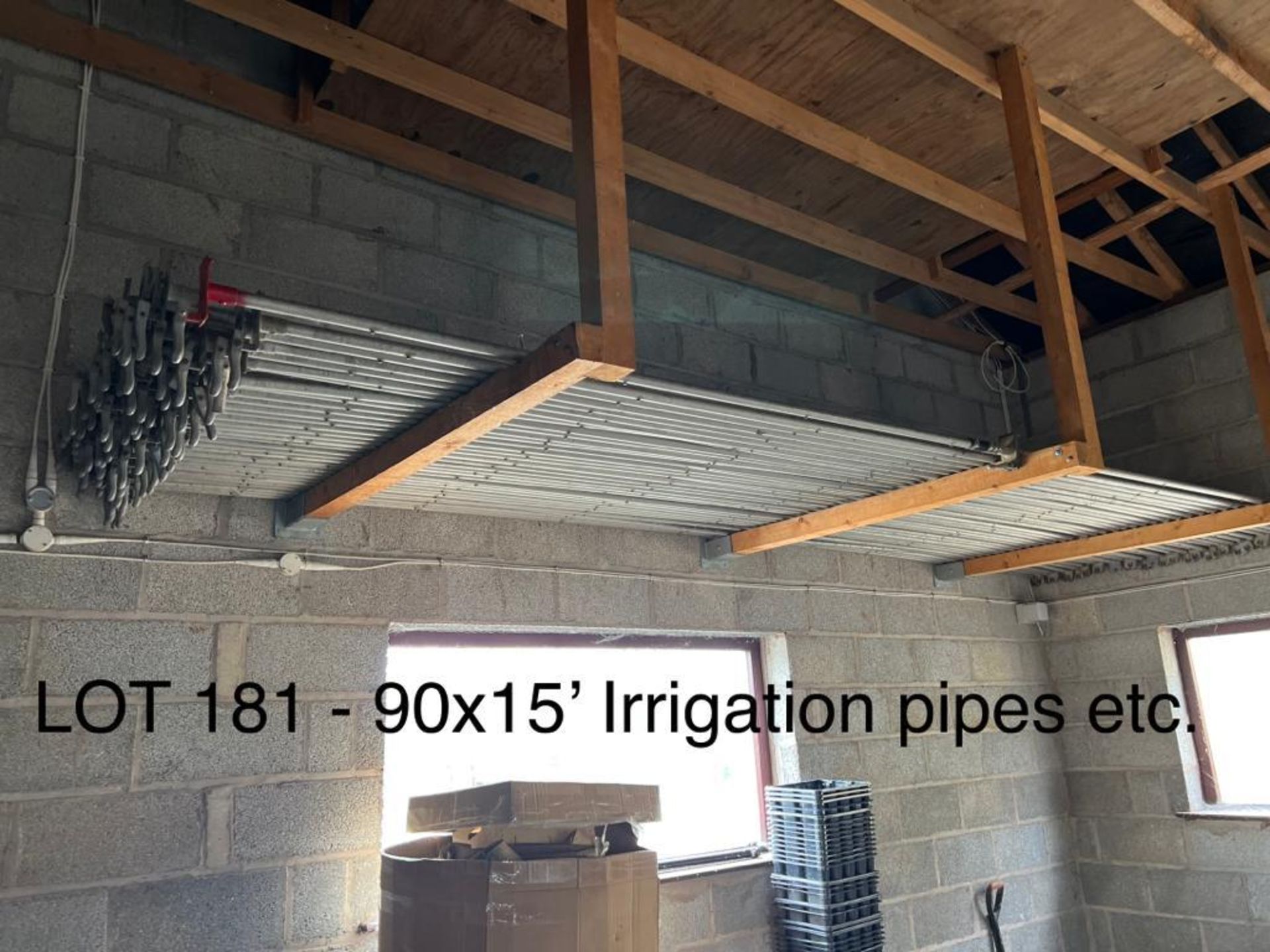 HUGGAN IRRIGATION SYSTEM WITH 90 X 15' LONG IRRIGATION PIPES 29 STAND 25" HIGH, 80 POLE STANDS 43"