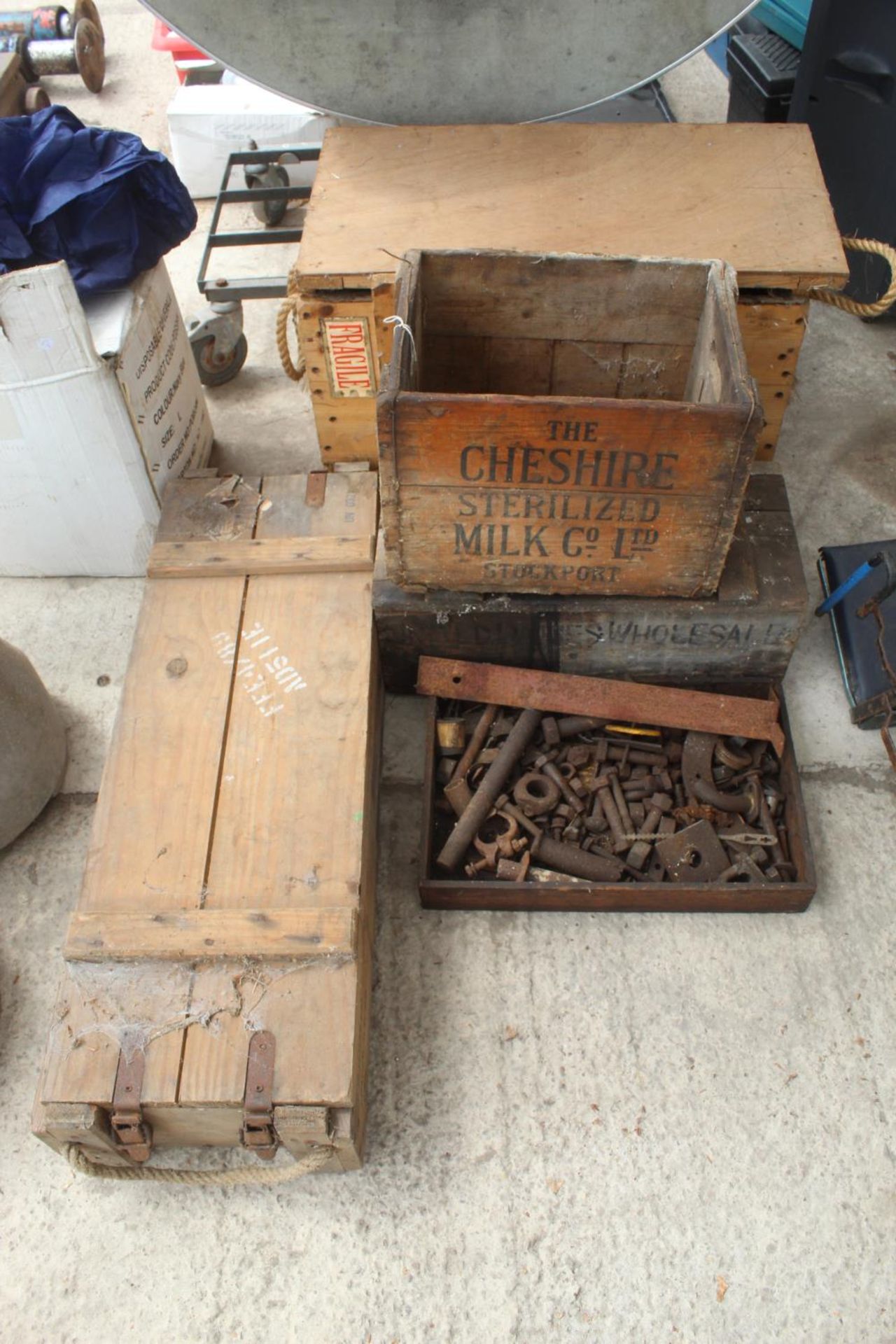 FOUR WOODEN BOXES & BOX OF NUTS & BOLTS - NO VAT