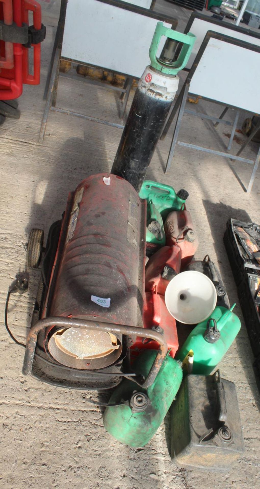 NINE PETROL CANS,SPACE HEATER,OXYGEN BOTTLE - NO VAT