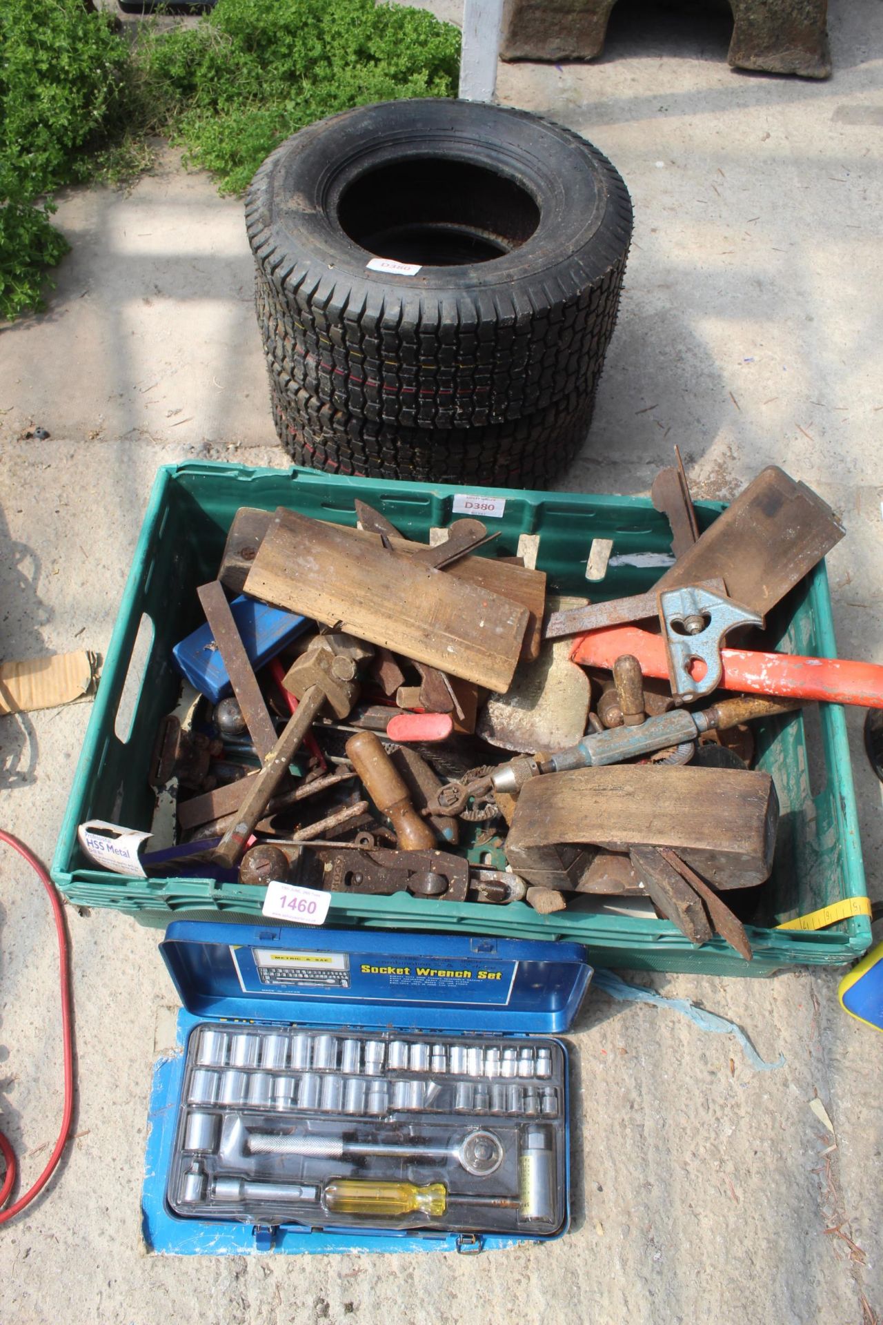 2 TYRES, BOX OF WOOD WORKING TOOLS AND SOCKET SETS NO VAT