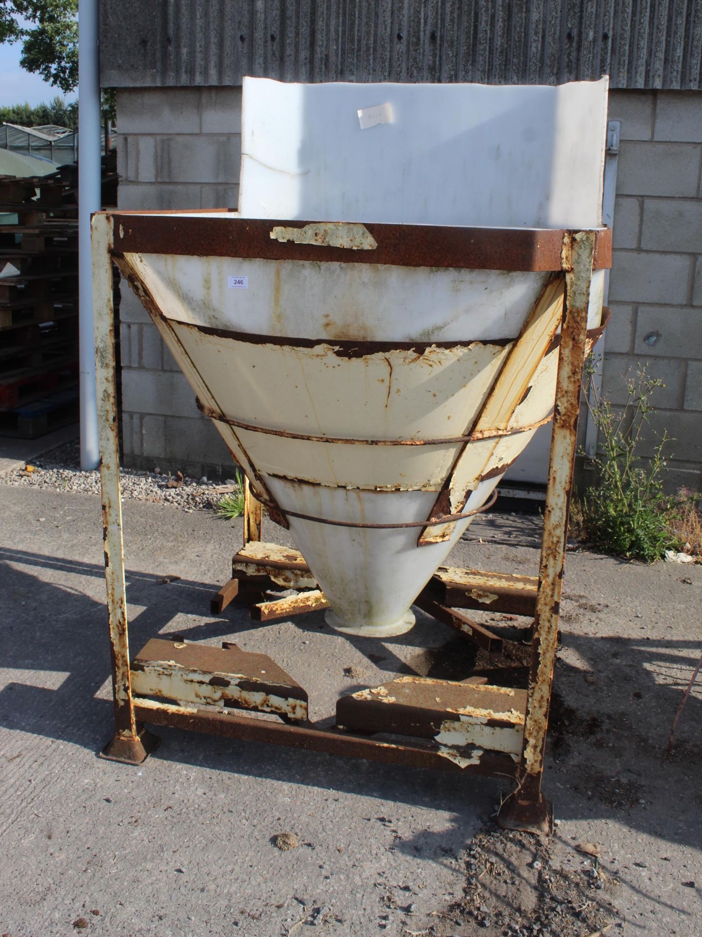 A LARGE METAL FRAMED PLASTIC BAGGING HOPPER NO VAT