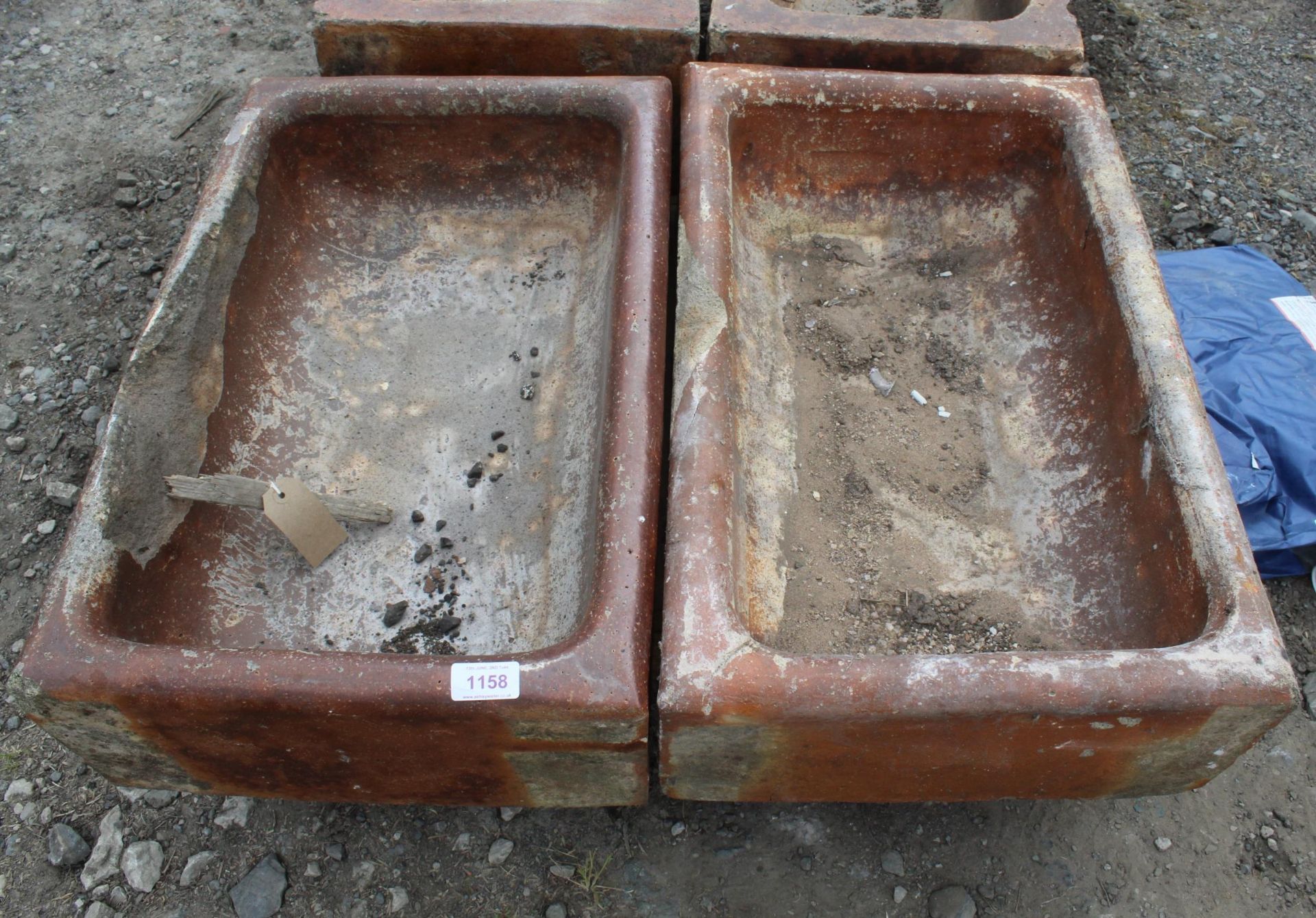 2 BROWN GLAZED TROUGHS NO VAT