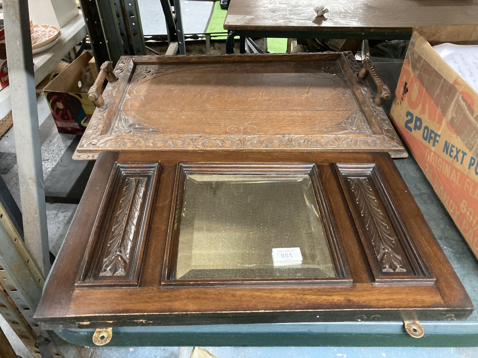 A LARGE VINTAGE WOODEN TRAY WITH HANDLES AND A MIRRORED PANEL