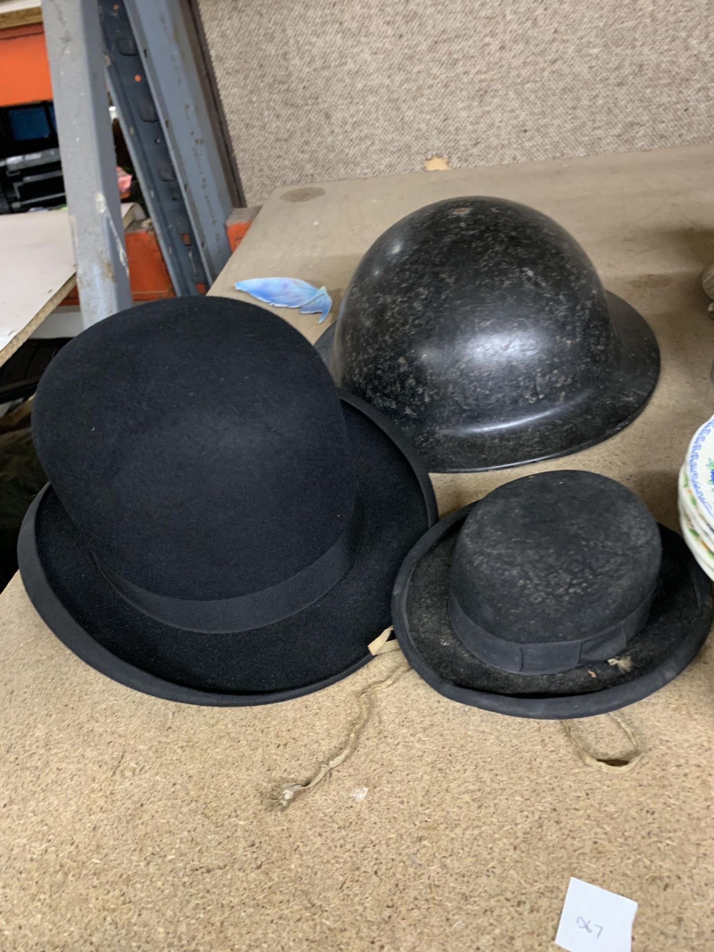 TWO ANTIQUE BOWLER HATS MEDIUM AND SMALL ONE BEING JACKSONS LIMITED THE NATIONAL STOCKPORT