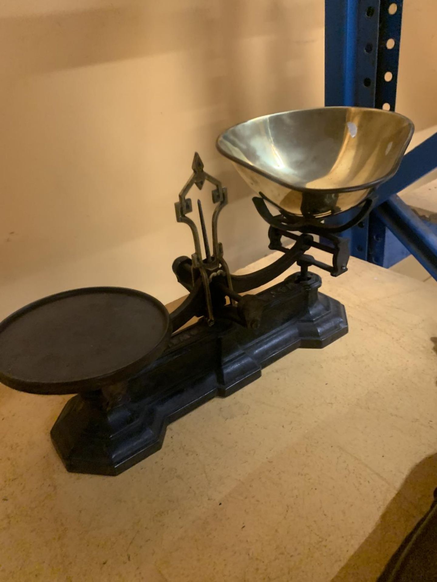 A SET OF VINTAGE CAST AND BRASS SHOP SCALES - Image 3 of 3