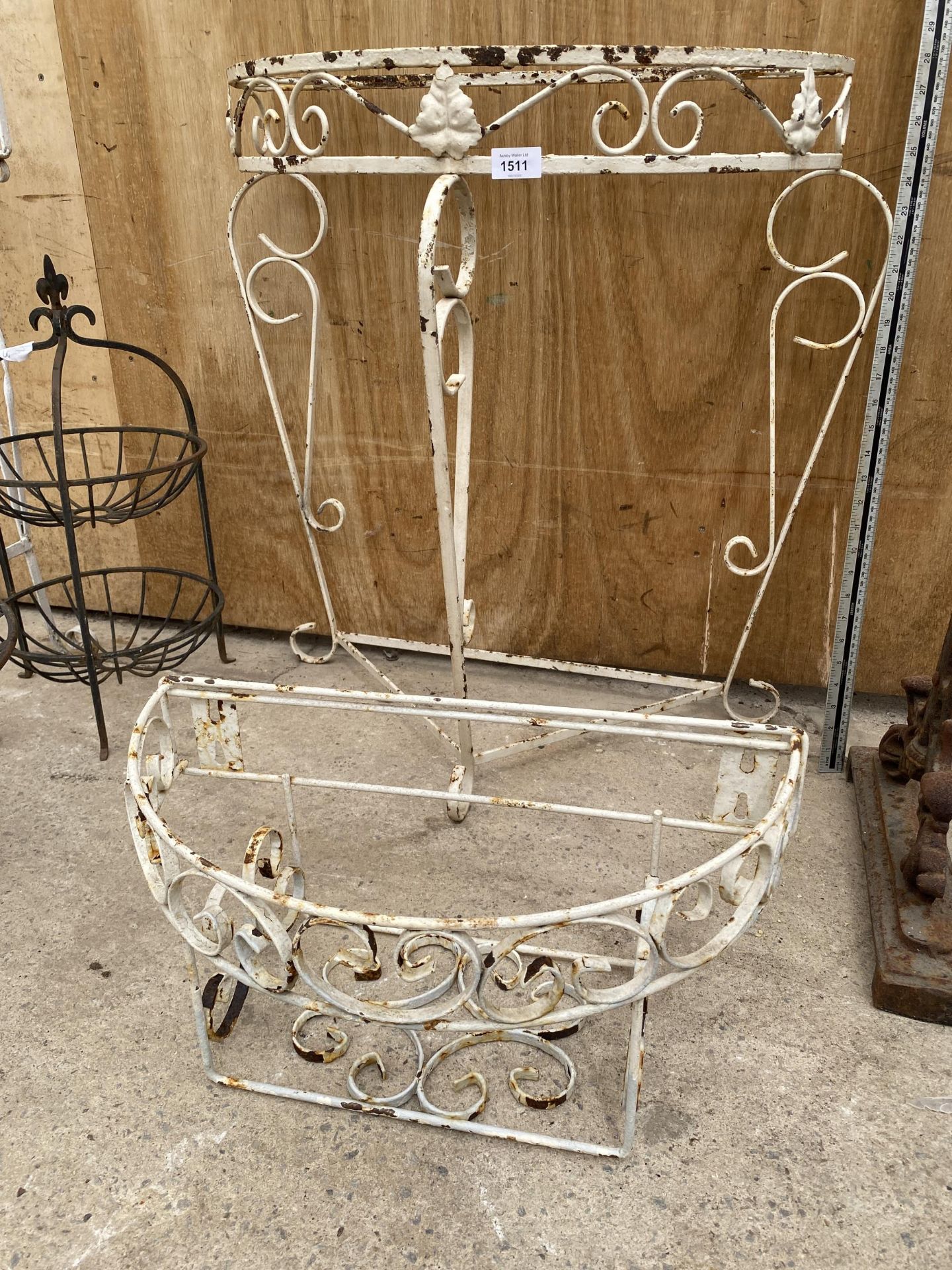 A WROUGHT IRON HALF MOON TABLE BASE AND A WINDOW BOX PLANT HOLDER - Image 2 of 3