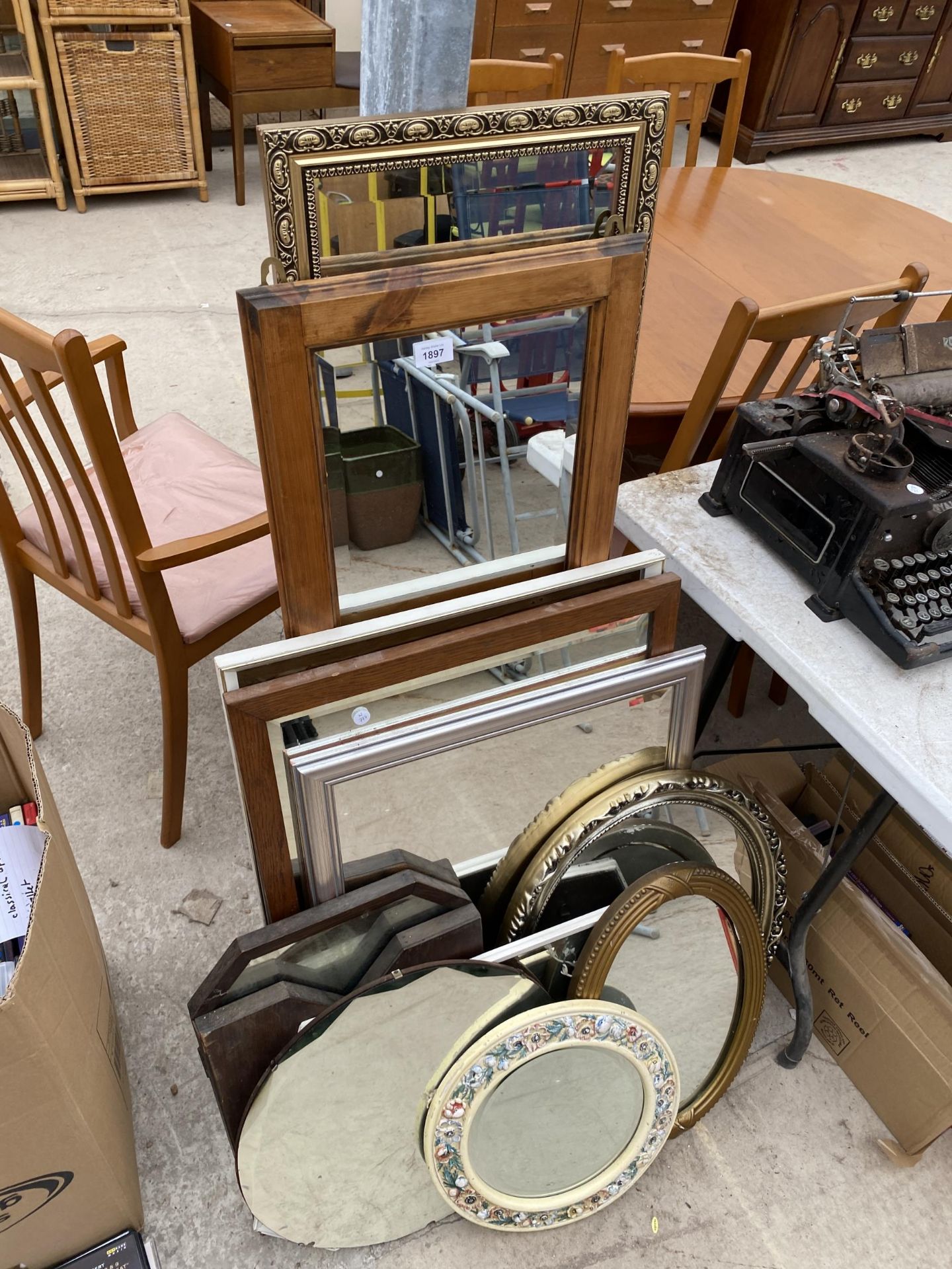 A LARGE ASSORTMENT OF FRAMED MIRRORS TO ALSO INCLUDE AN ART DECO BEVELED EDGE MIRROR