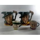 FOUR TOBY JUGS TO INCLUDE TWO ROYAL DOULTON PIED PIPER