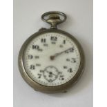 A VINTAGE WHITE METAL OPEN FACED POCKET WATCH, CASEBACK STAMPED ARGENTAN