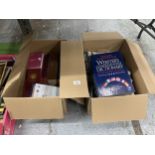 TWO BOXES OF ASSORTED BOOKS, WEBSTERS DICTIONARY ETC