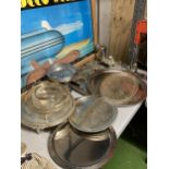 A LARGE LOT OF SILVER PLATED ITEMS, DRINKS AND SERVING TRAYS ETC