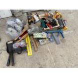 AN ASSORTMENT OF TOOLS TO INCLUDE BRUSHES, SCRAPERS AND A FOOT PUMP ETC