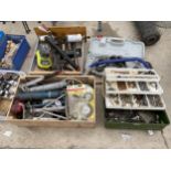 AN ASSORTMENT OF TOOLS TO INCLUDE GREASE GUNS, WHEELS AND A RYOBI BATTERY AND CHARGER ETC