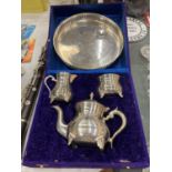 A SILVER PLATED TEAPOT, CREAM JUG AND SUGAR BOWL IN A PRESENTATION BOX PLUS A GALLERIED SILVER