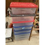 SEVEN PLASTIC STACKING BOXES WITH LIDS