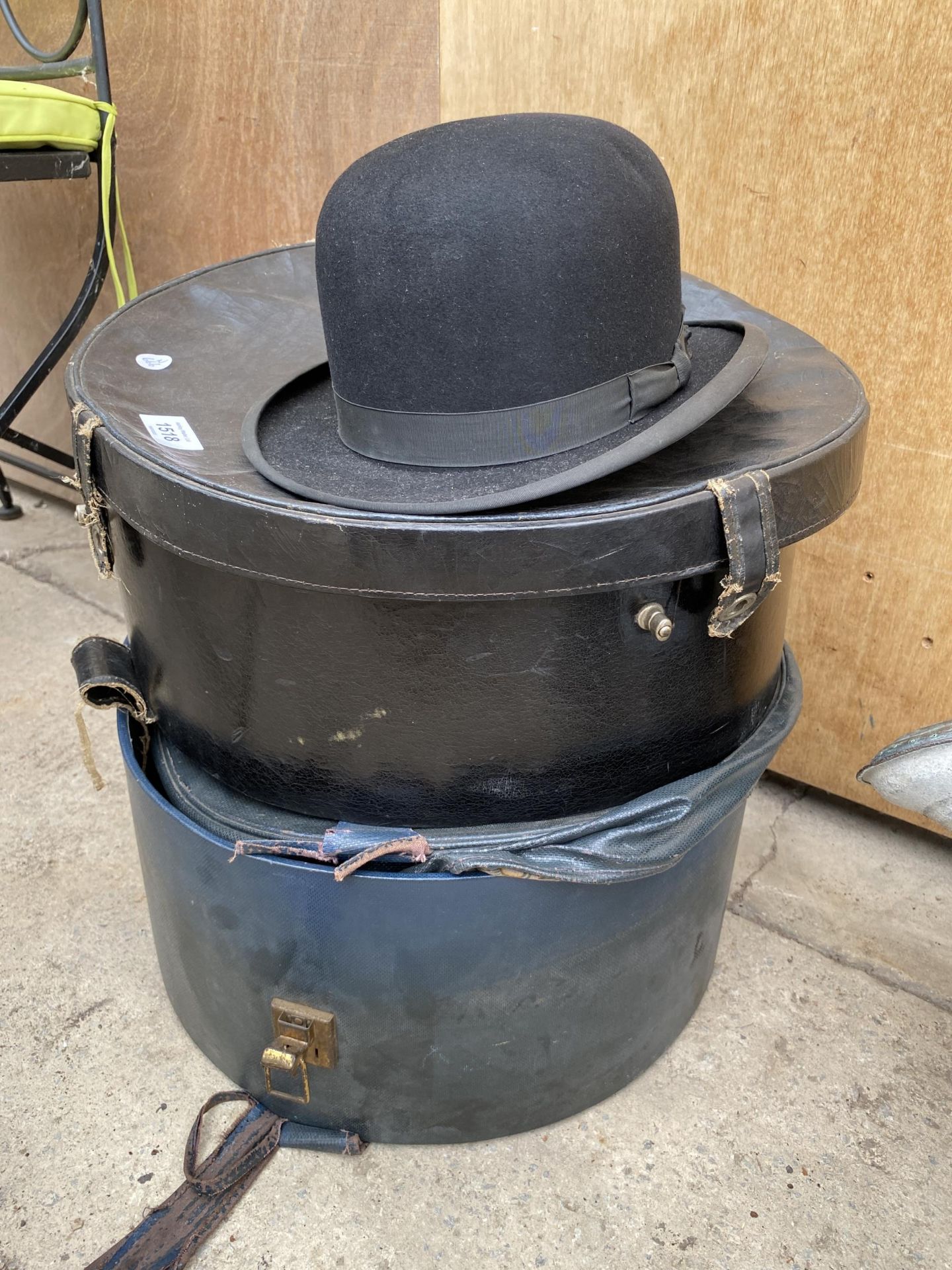 TWO VINTAGE LEATHER HAT BOXES AND A MACGUEEN LONDON FUR BOWLER HAT