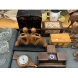 A QUANTITY OF TREEN ITEMS TO INCLUDE A JAPANESE LACQUER JEWELLERY CABINET, VICTORIAN INK BOX, BOXES,